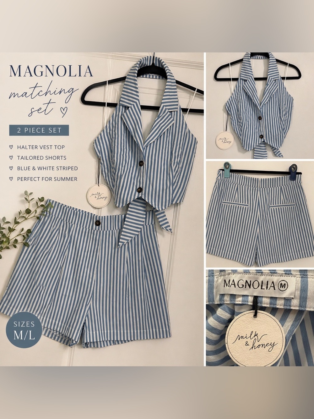 Magnolia Blue & White Striped Matching Set – Halter Top + Tailored Shorts Sz M/L